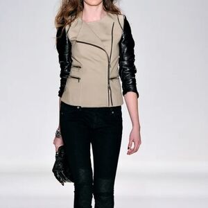 Rebecca Minkoff Moto Jacket Medium Beige Black Lambskin Leather Winter